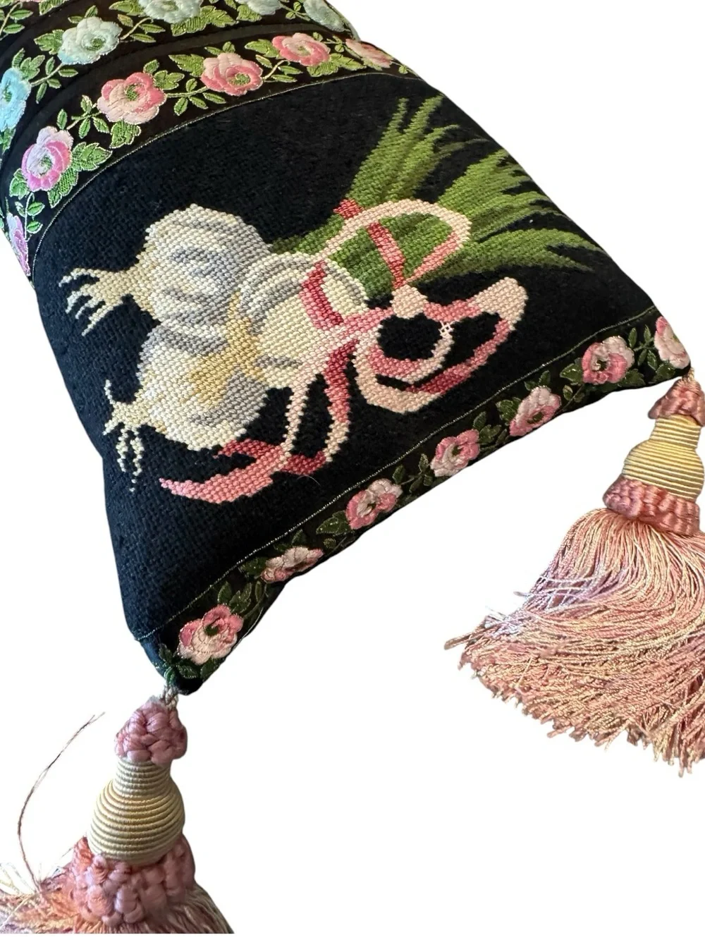 Embroidered Floral Bolster Pillow with Tassels - Botanical Garden Cottagecore